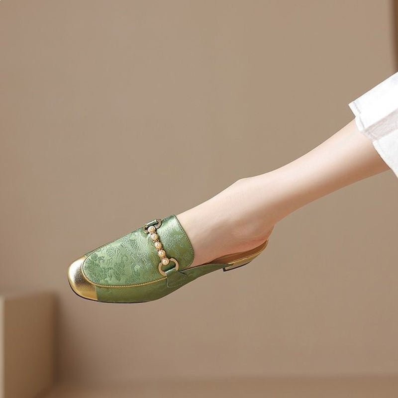 Vintage Pearl Detail Jacquard Mule Flats