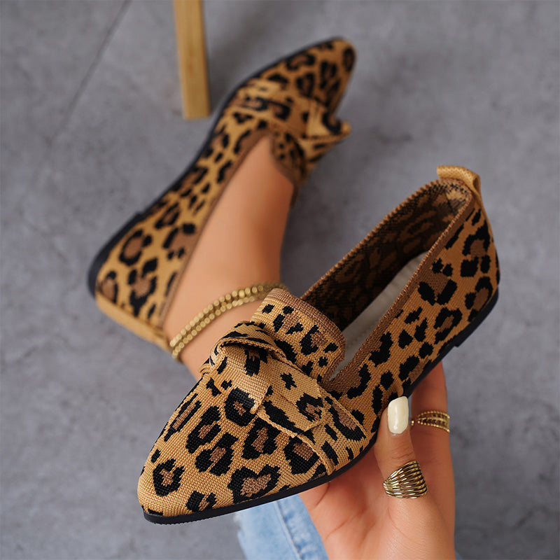 Leopard Print Bow Knit Flats