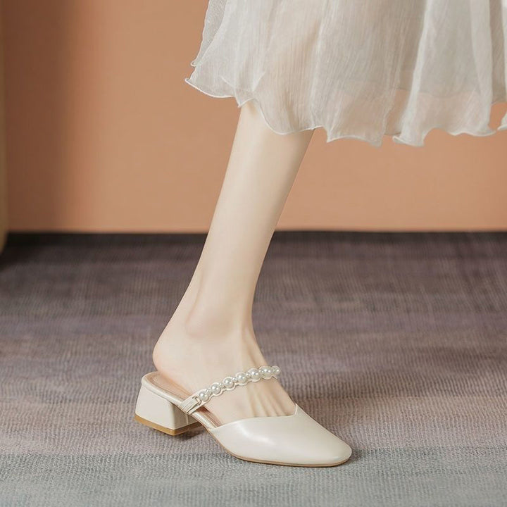 Pearl Strap Block Heel Mules