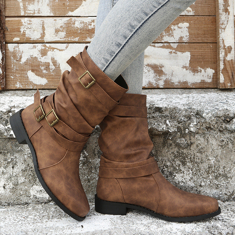 Vintage Buckle Mid-Calf Boots