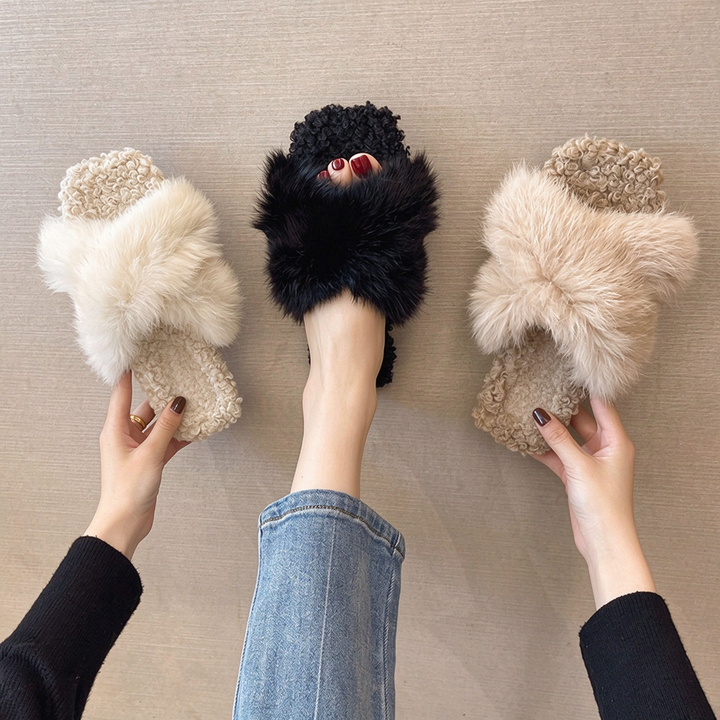 Fluffy Faux Fur Open-Toe Slide Slippers