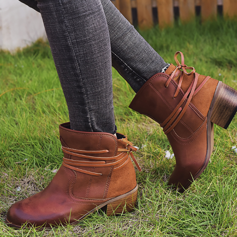 Wrap Strap Block Heel Ankle Boots