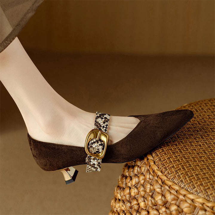 Snakeskin Buckle Pointed Toe Mule Heels