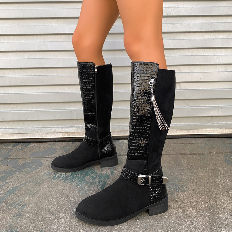 Vintage Buckle Patchwork Knee-High Boots