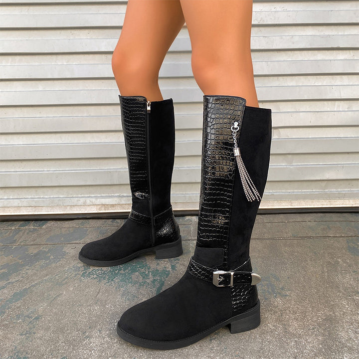 Vintage Buckle Patchwork Knee-High Boots
