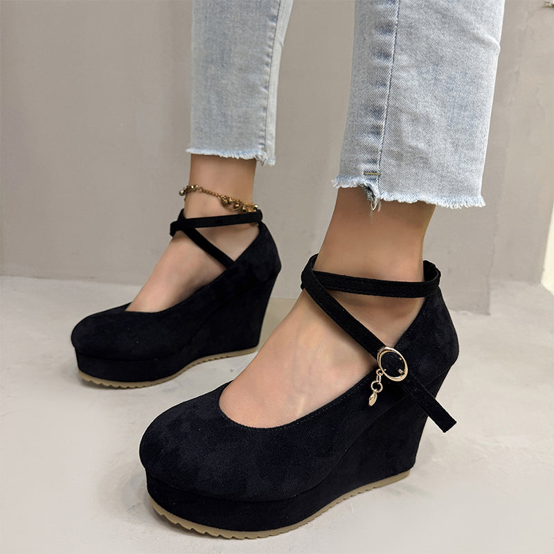 Skull Rose Print Platform Wedge Mary Jane Shoes