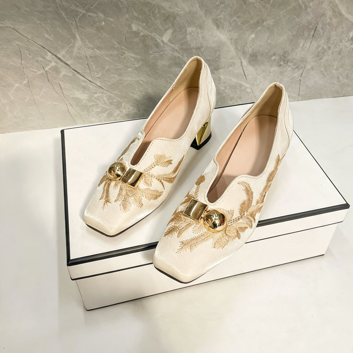 Embroidered Metallic Block Heel Pumps