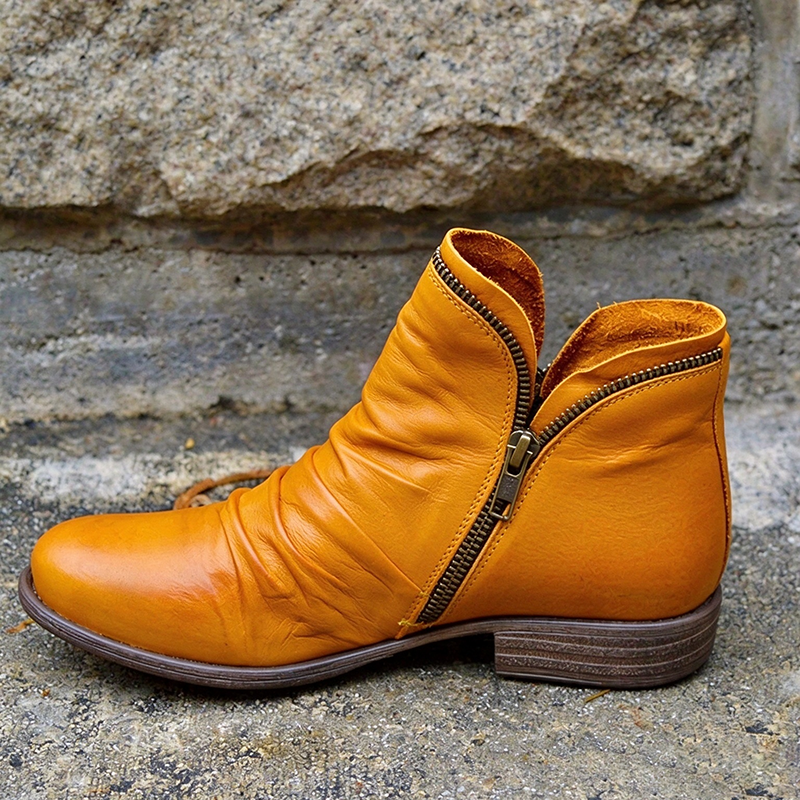 Side-zip ruched low-heel vintage ankle boots