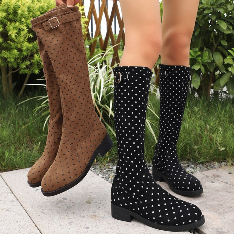 Polka Dot Buckle Knee-High Boots