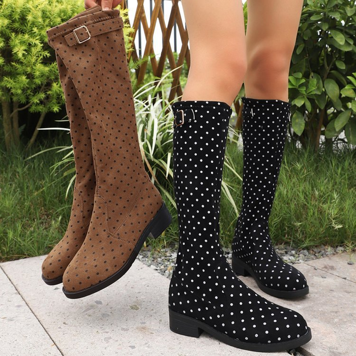 Polka Dot Buckle Knee-High Boots