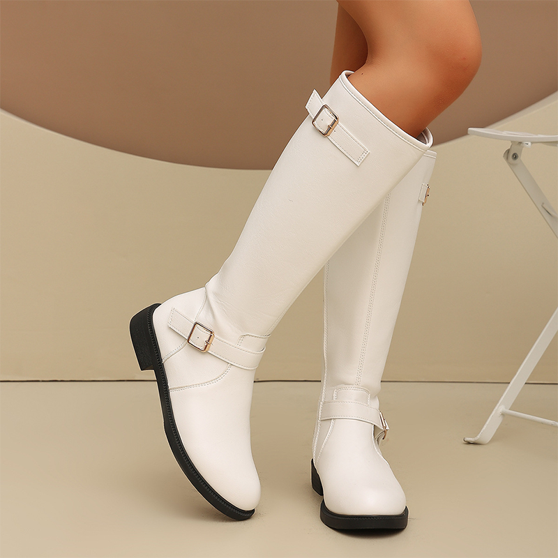Sparkling Denim Buckle Knee-High Boots
