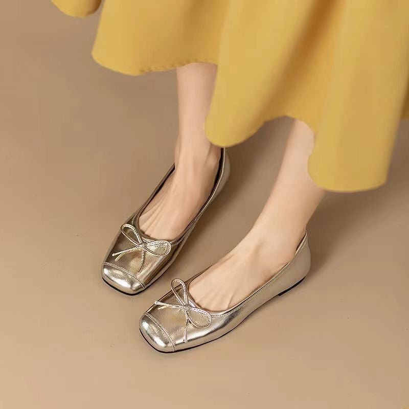 Metallic Silver Bow Square Toe Ballet Flats