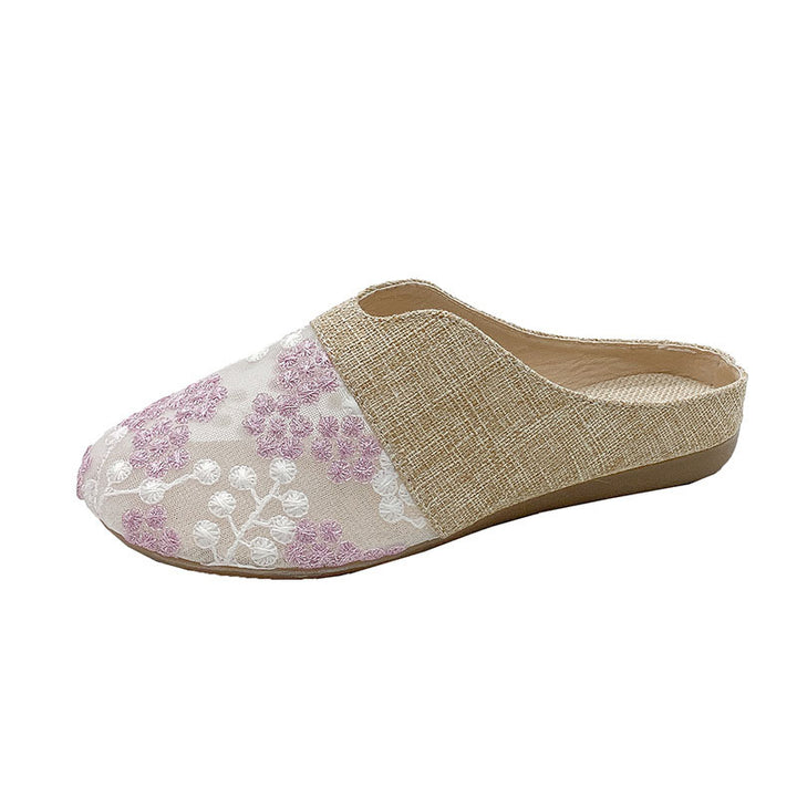 Floral Embroidered Linen Mules