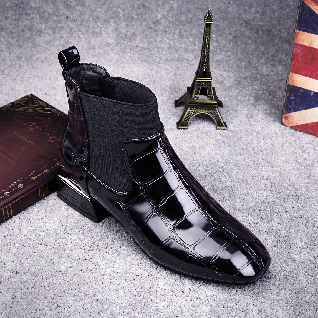 Glossy Croc-Embossed Chelsea Ankle Boots