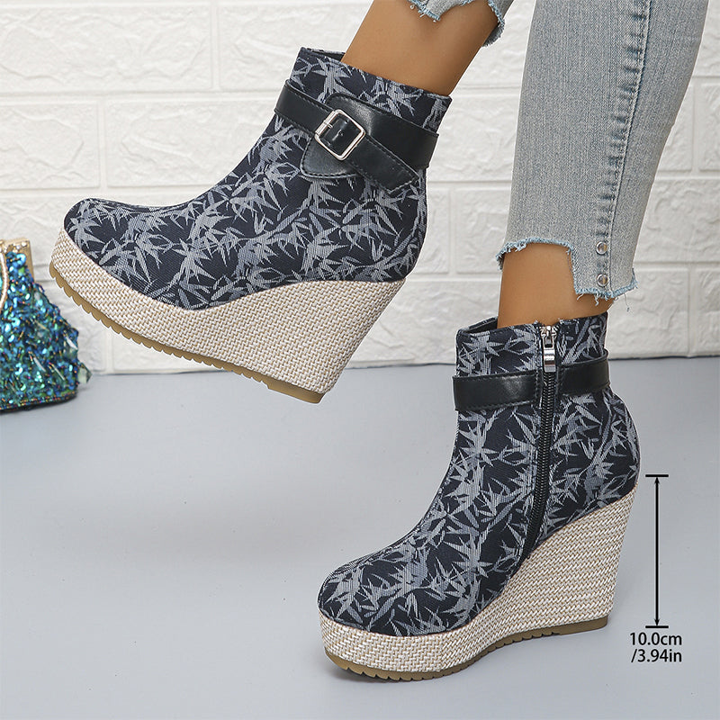 Vintage Floral Wedge Ankle Boots