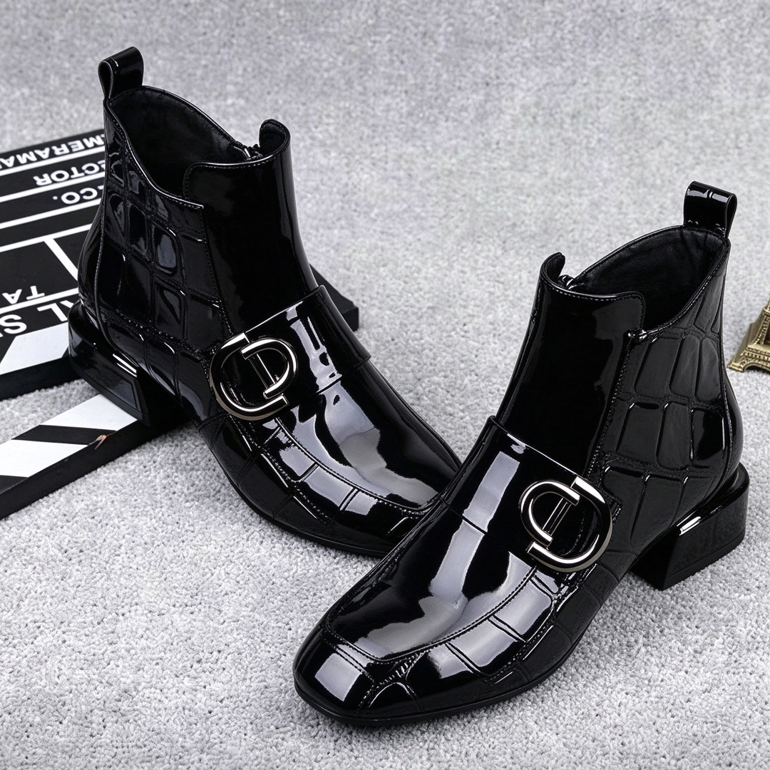 Glossy Croc-Embossed Chelsea Ankle Boots