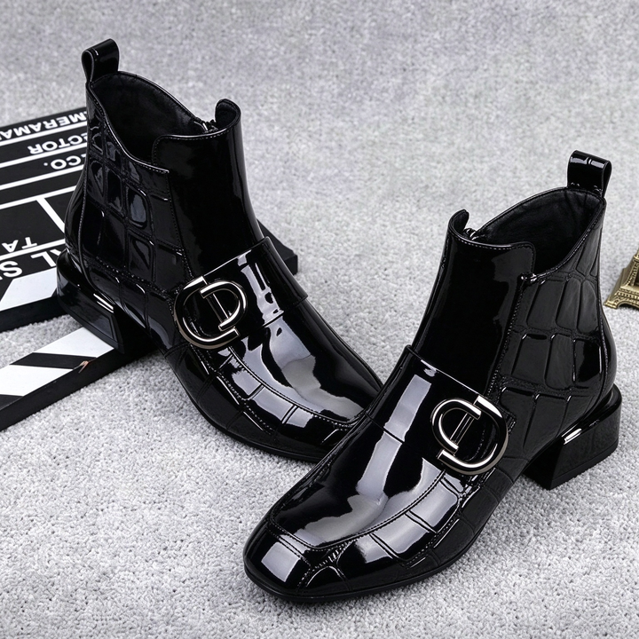 Glossy Croc-Embossed Chelsea Ankle Boots