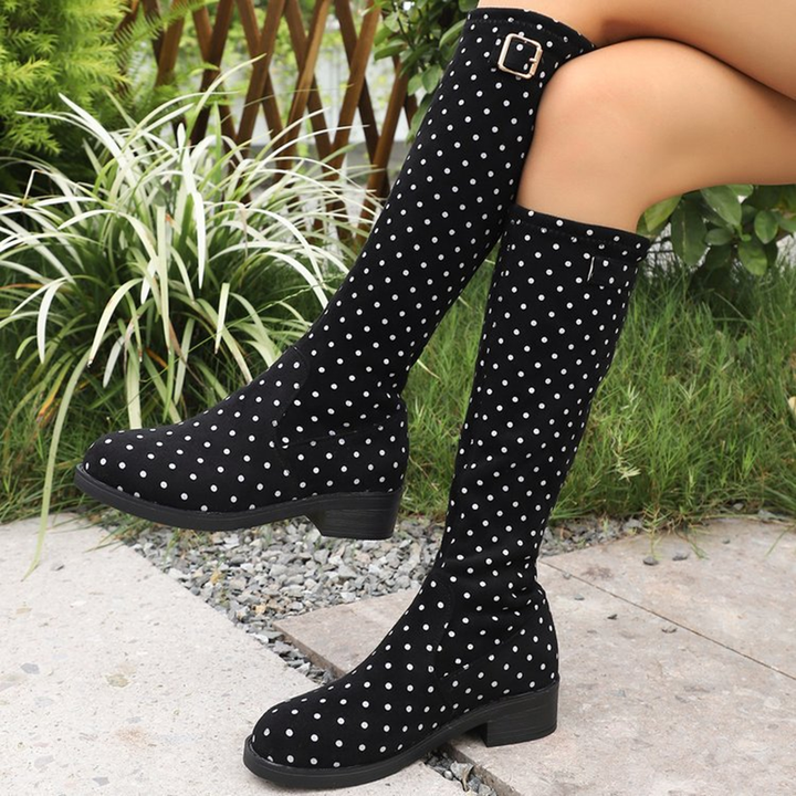 Polka Dot Buckle Knee-High Boots