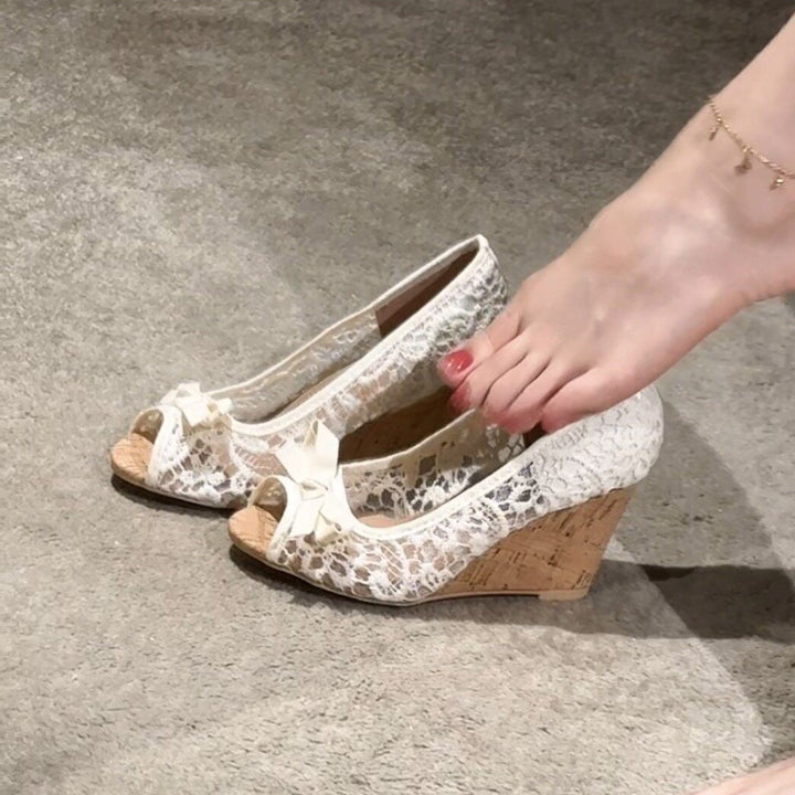 Lace Bow Peep Toe Wedge Pumps
