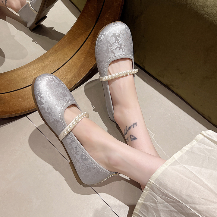 Pearl Strap Jacquard Mary Jane Flats