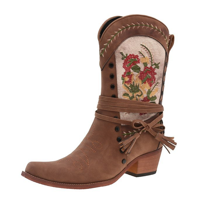 Vintage Floral Embroidered Ankle Boots
