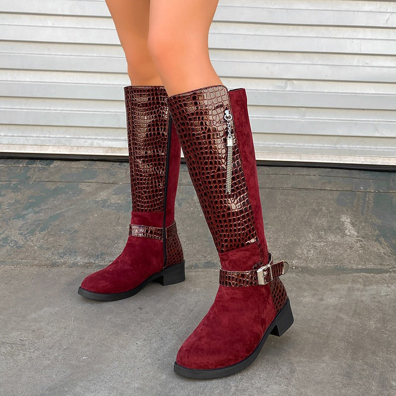 Vintage Buckle Patchwork Knee-High Boots