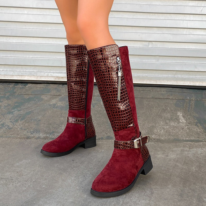 Vintage Buckle Patchwork Knee-High Boots