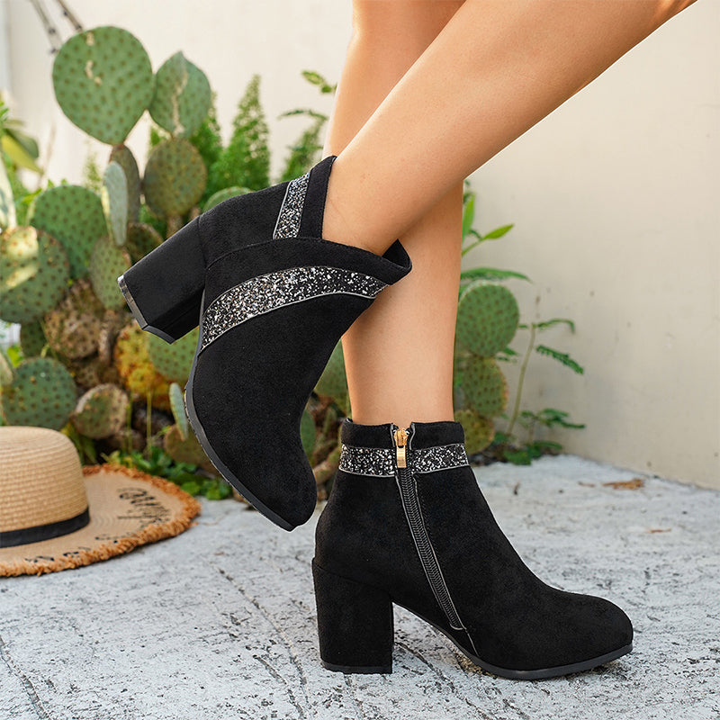 Glitter Accent Block Heel Ankle Boots