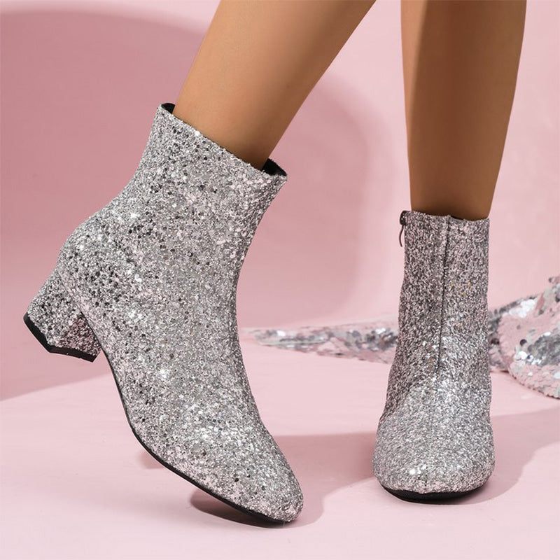 Sparkling Glitter Block Heel Ankle Boots