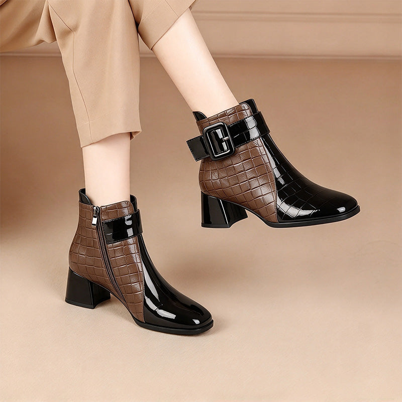 Quilted Buckle Block Heel Ankle Boots