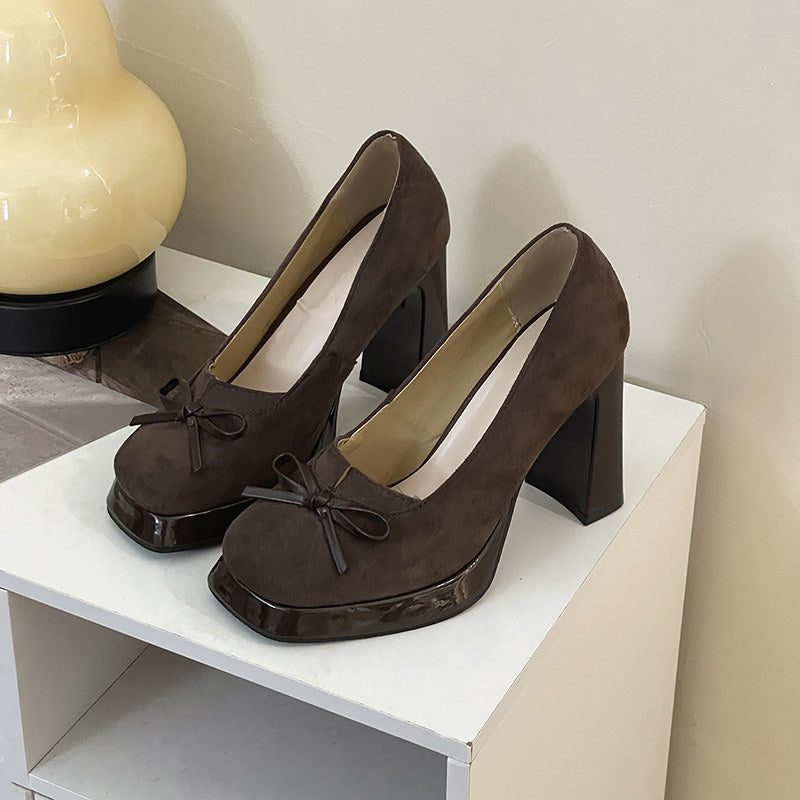 Bow Detail Platform Block Heel Pumps