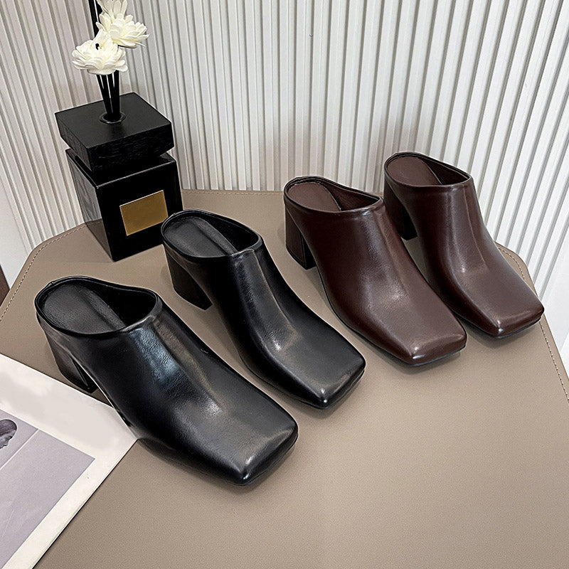 Square Toe Block Heel Mule Shoes