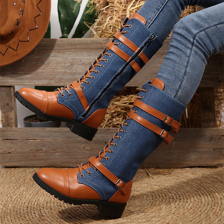 Vintage Denim Lace-Up Knee High Boots