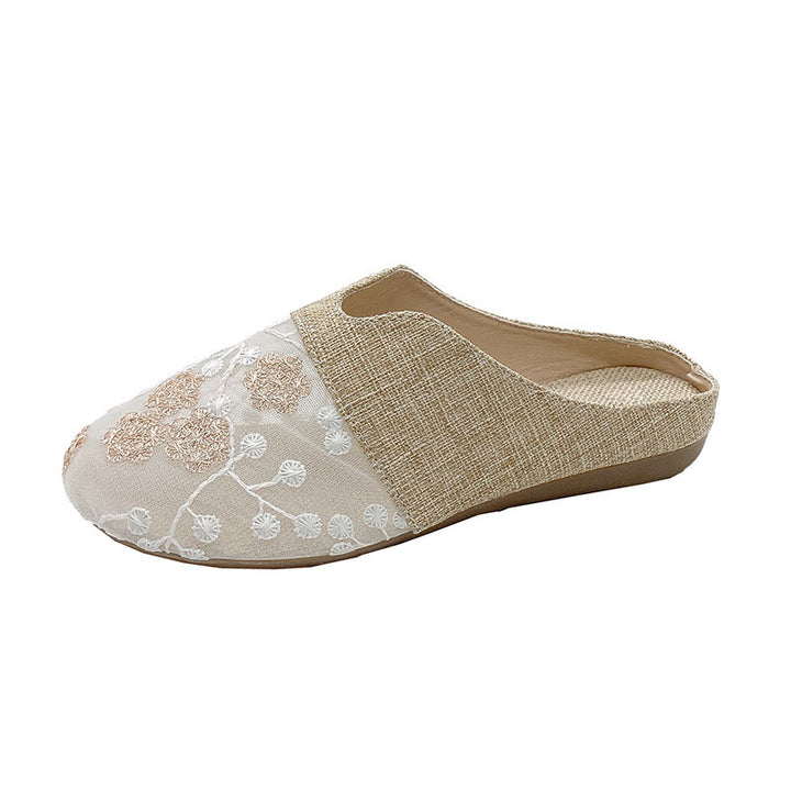 Floral Embroidered Linen Mules