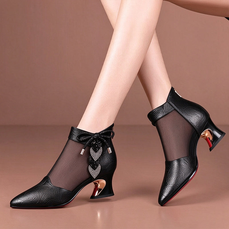 Rhinestone Bow Mesh Ankle Boots