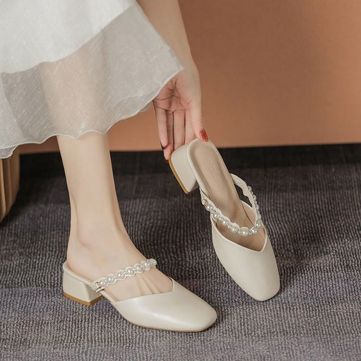 Pearl Strap Block Heel Mules