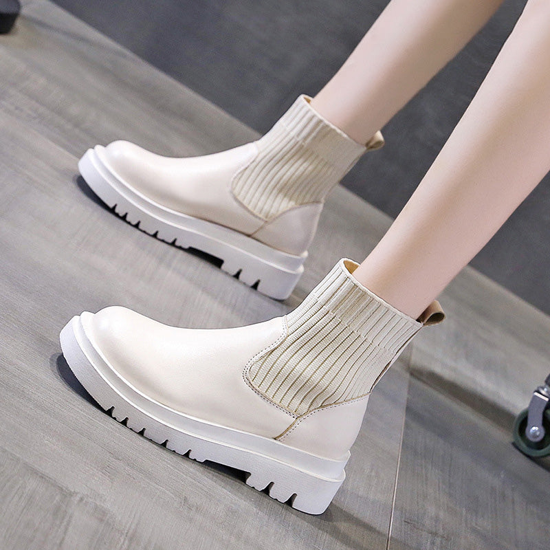 Knitted patchwork platform ankle boots