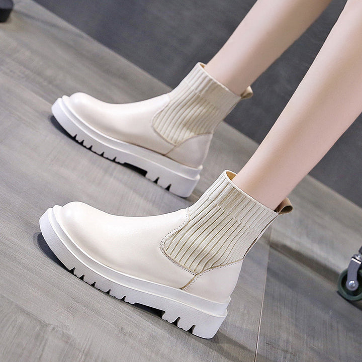 Knitted patchwork platform ankle boots