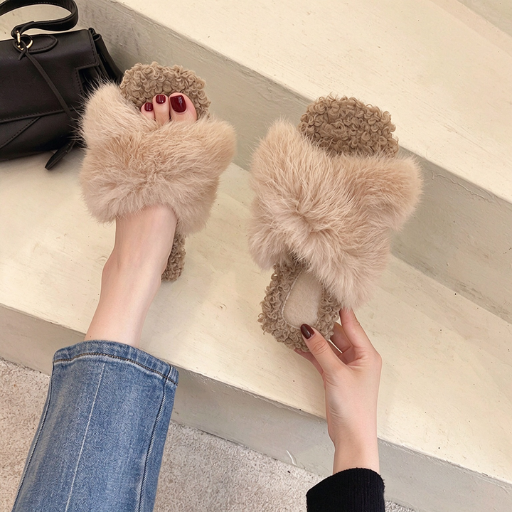 Fluffy Faux Fur Open-Toe Slide Slippers