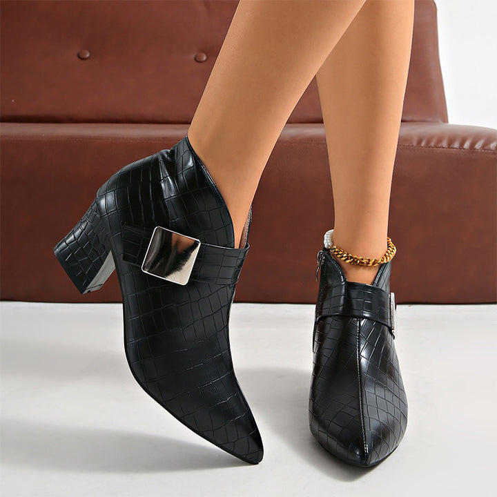 Croc-Embossed Buckle Block Heel Ankle Boots