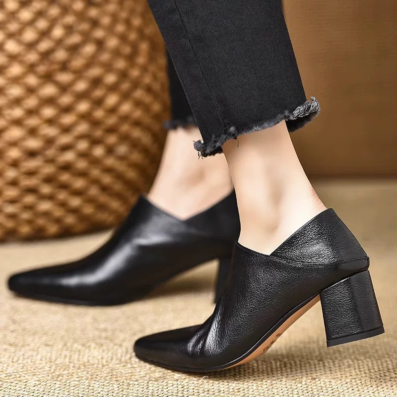 Elegant V-Cut Pointed Toe Block Heel Pumps