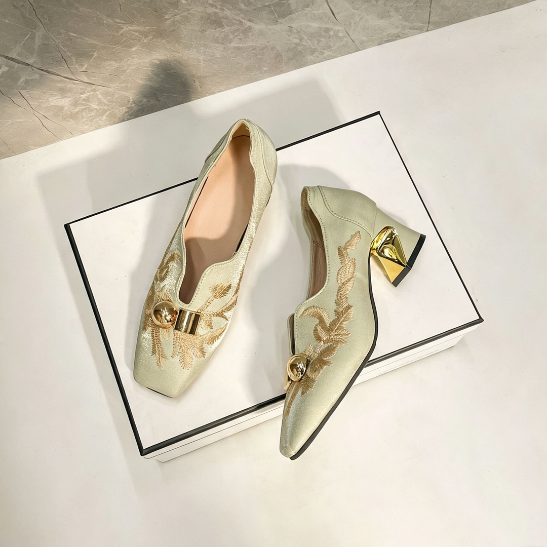 Embroidered Metallic Block Heel Pumps
