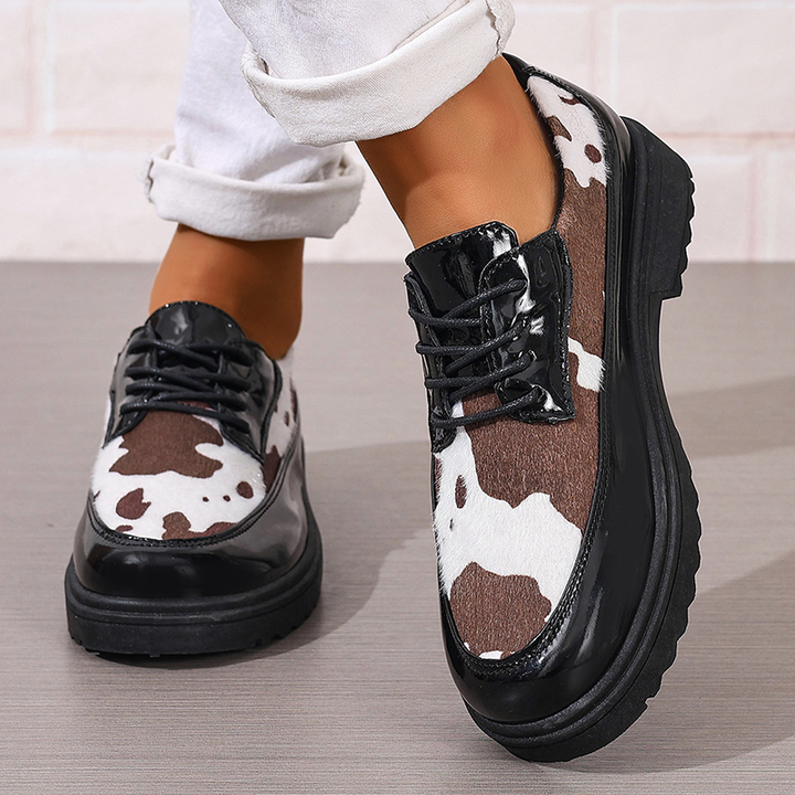 Cow Print Lace-Up Platform Loafers
