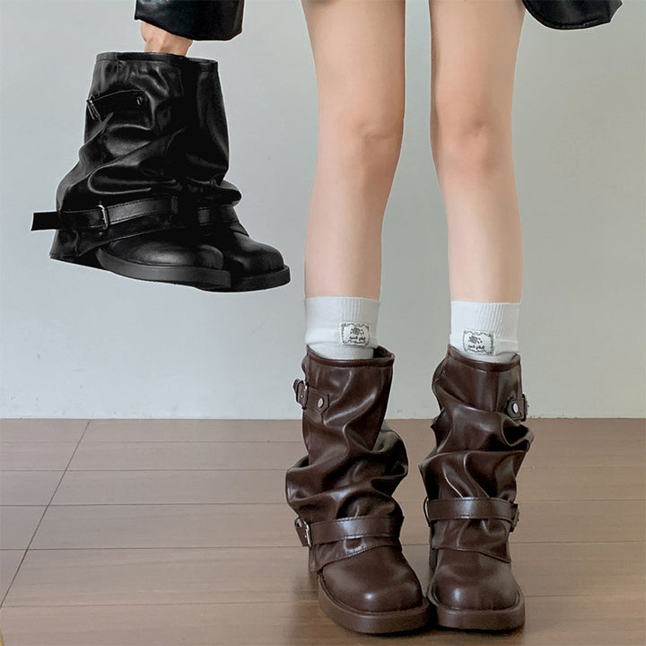 Vintage Buckle Slouchy Mid-Calf Boots