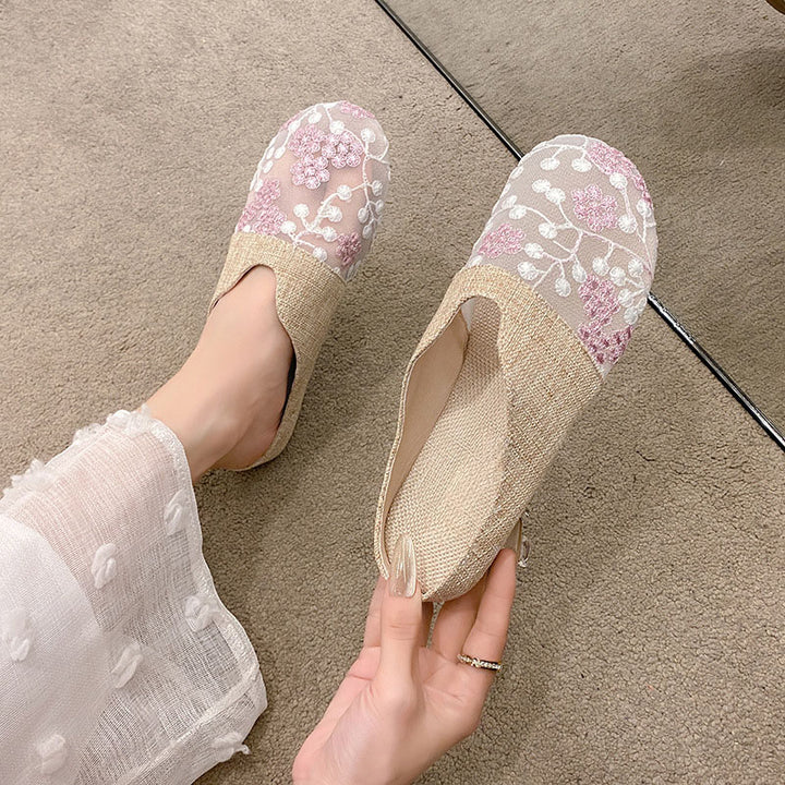 Floral Embroidered Linen Mules