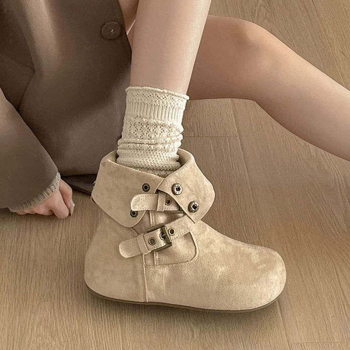 Fold Over Suede Flat Ankle Boots