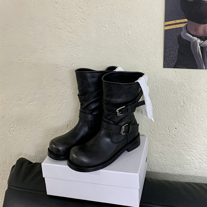 Vintage Double Buckle Mid-Calf Boots