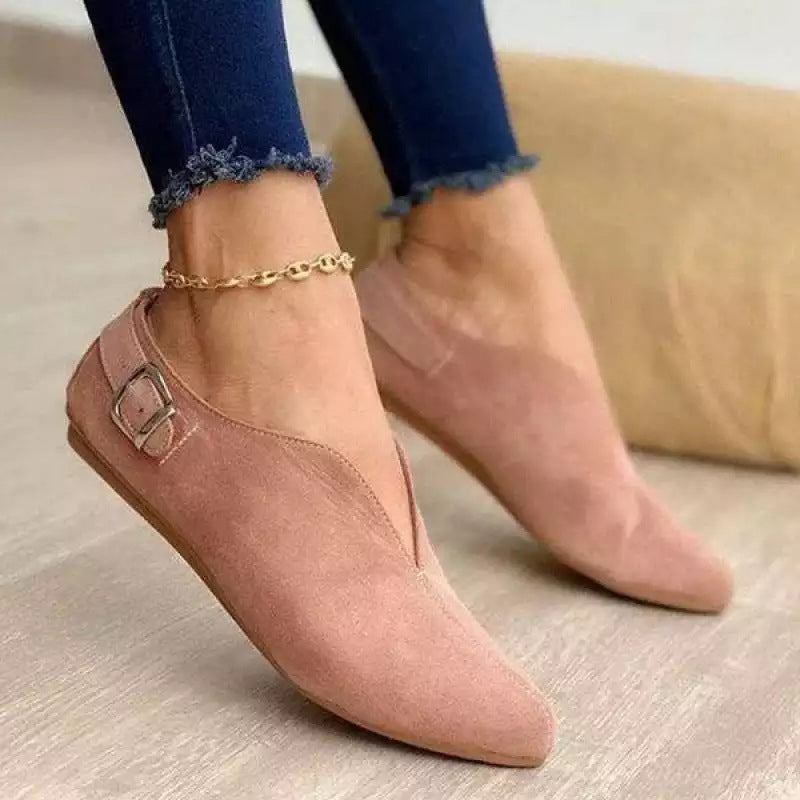 Suede V-Cut Buckle Flat Shoes