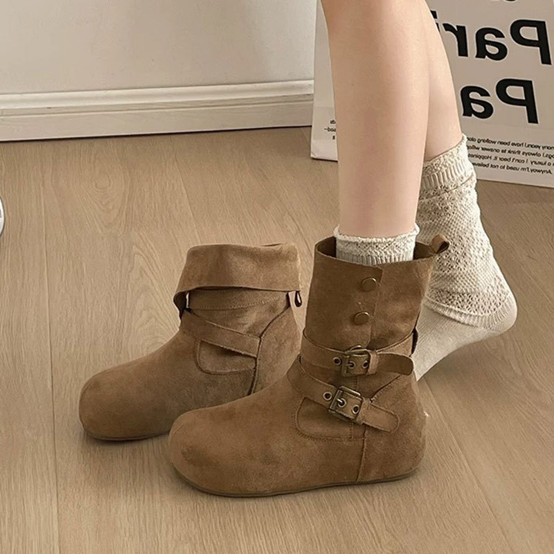 Fold Over Suede Flat Ankle Boots