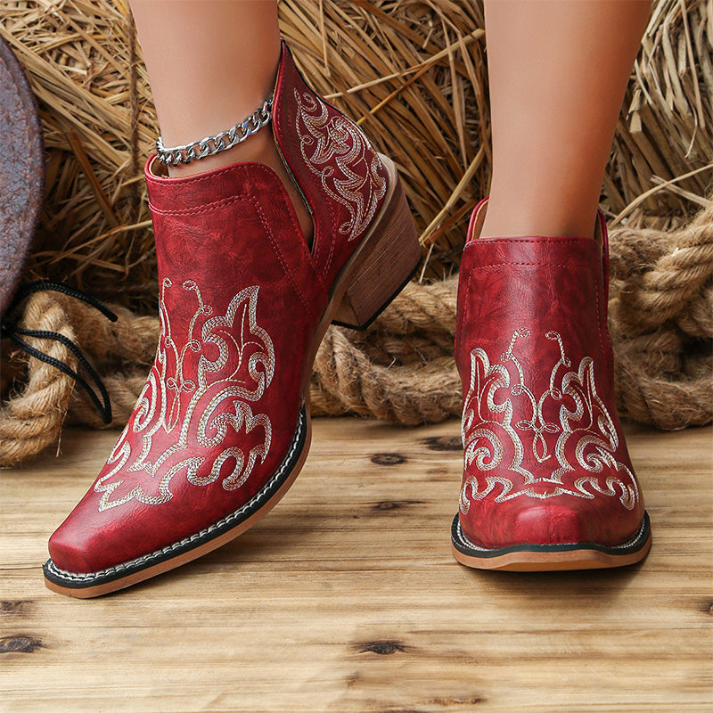 Western Embroidered Cutout Ankle Boots